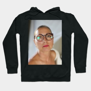 Sublime Woman Wearing Glasses and Earrings in a Bathrobe Hoodie